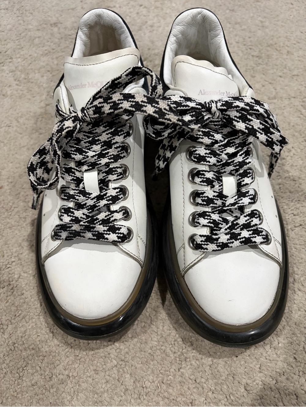 Alexander McQueen White Leather Platform Sneakers with Black Platform Soles, 38